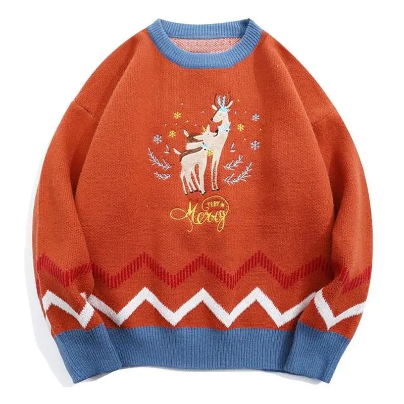 Ugly Sweater for Men Design Deer Embroidery Cartoon Christmas Party Pullovers Knitted Japanese Fashion Women Oversized Sweater